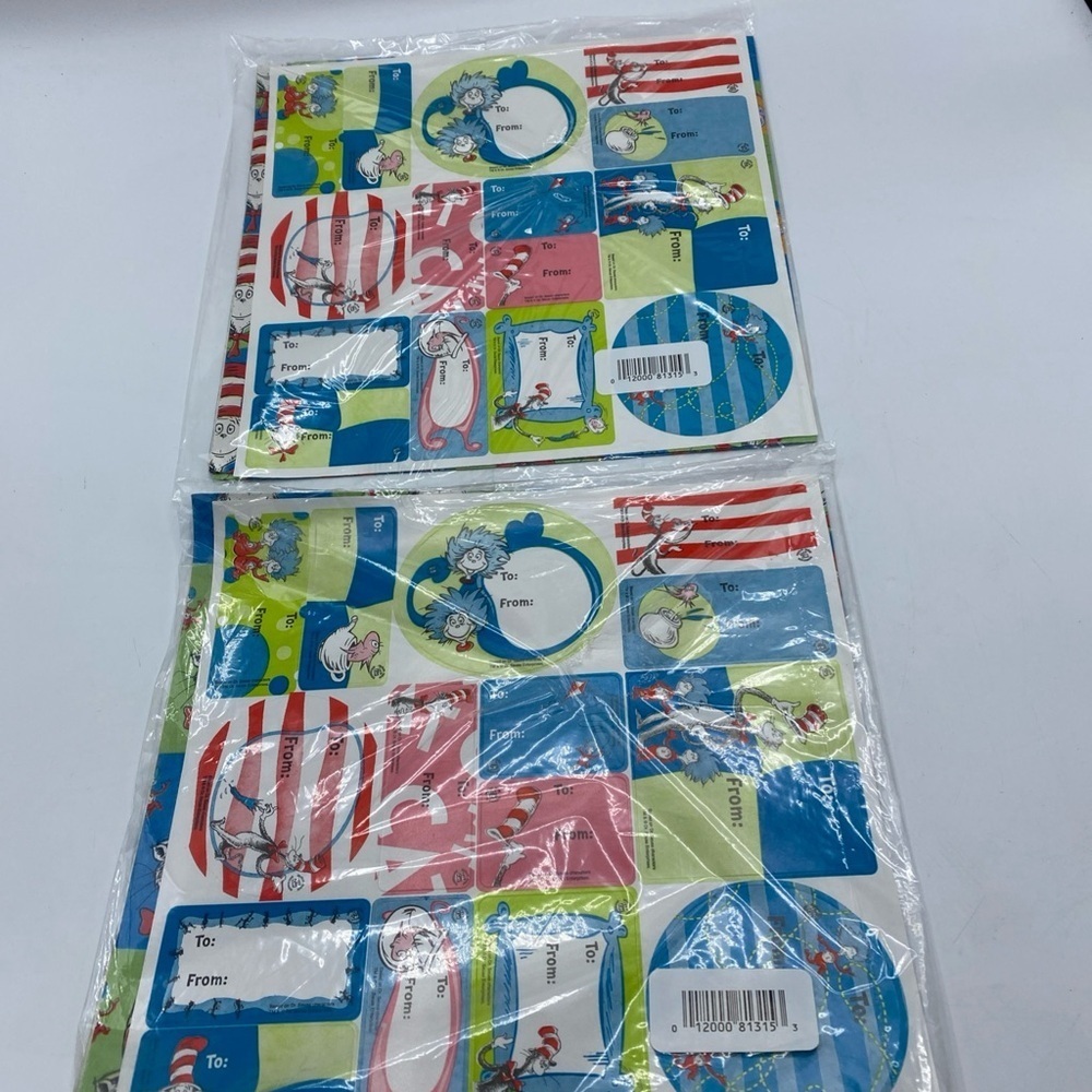 Vintage Dr. Seuss Cat in the Hat Gift Wrap Paper & 15 Gift Tags Per Pack. 2 Pack